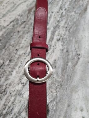 Women's Red Leather Belt with Round Silver Buckle 41"